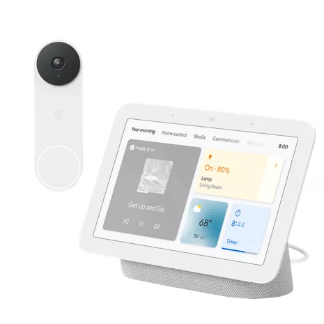 20% off Nest Hub Gen 2 Chalk + Nest Doorbell Wired Snow Bundle