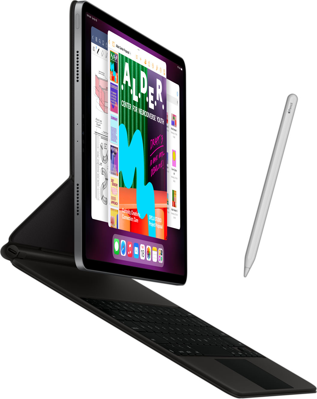 Side view of iPad Pro with Smart Keyboard Folio attached and Apple pencil.