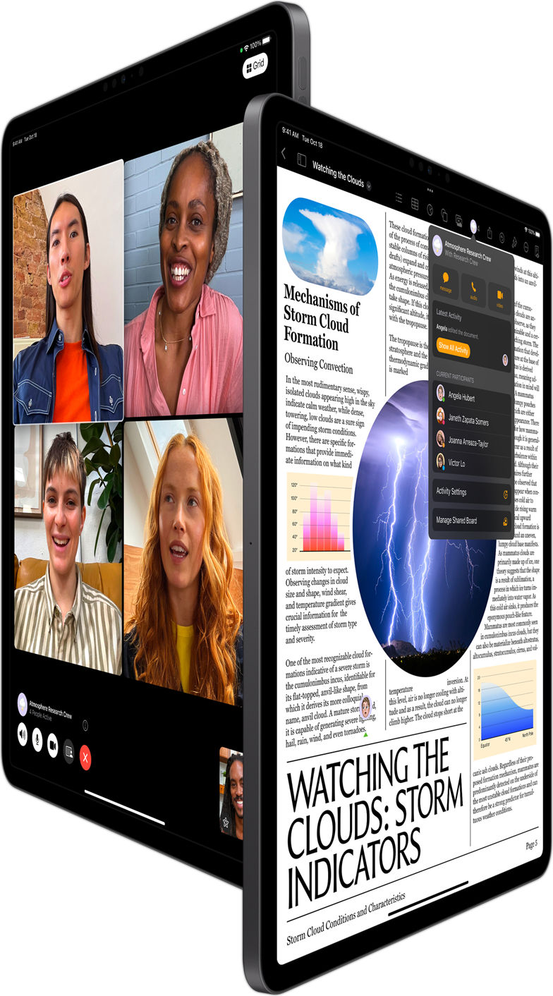 Group FaceTime and Collaboration in Pages shown on two iPad Pro devices.