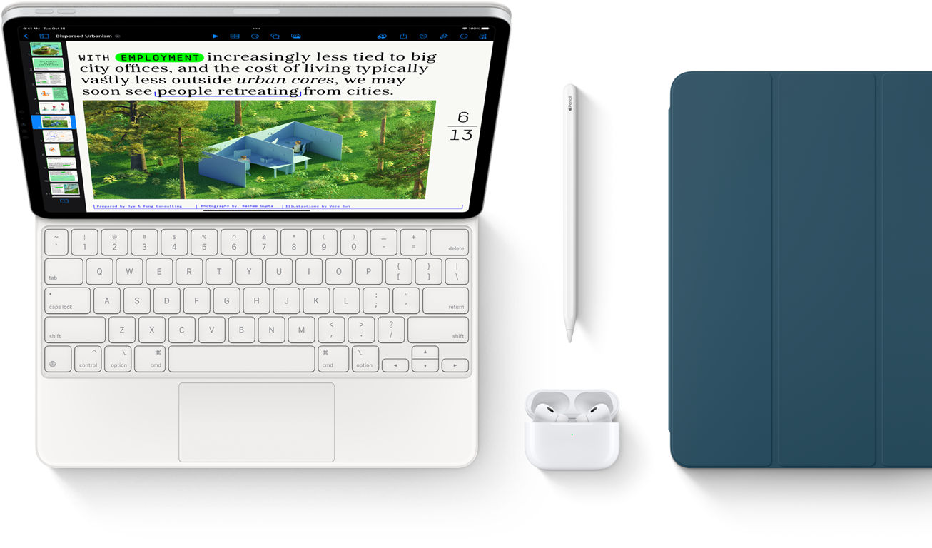 Smart Keyboard Folio, Apple Pencil, AirPods Pro, and iPad Cover in Marine Blue.