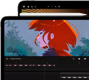 11-inch iPad Pro with Apple Pencil Pro attached and 13-inch iPad Pro behind it. Both models showing bright, vibrant, colorful imagery on the Ultra Retina XDR display