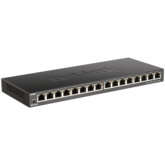 Side angle view of D-Link 16-Port Gigabit Desktop Switch.