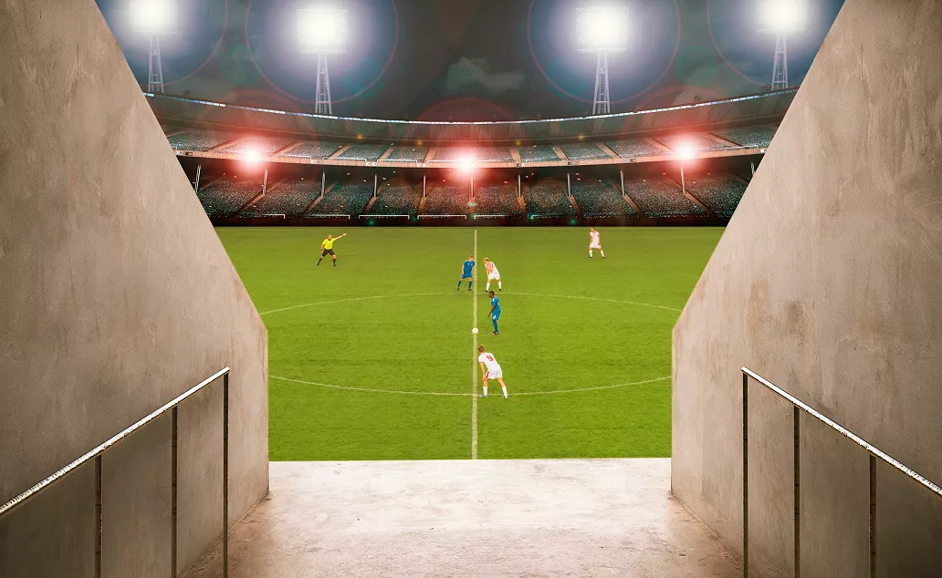 View from a stadium tunnel looking out onto the pitch.