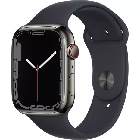 Apple Watch Series 7, con caja de acero inoxidable color grafito de 45 mm y correa deportiva color medianoche