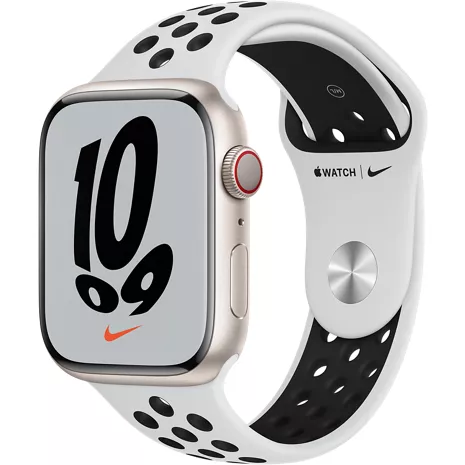 Apple Watch Nike Series 7 GPS + Cellular, 41mm Starlight Aluminum Case - Pure Platinum/White Nike Sport Band - Regular Starlight (Aluminum) image 1 of 1 