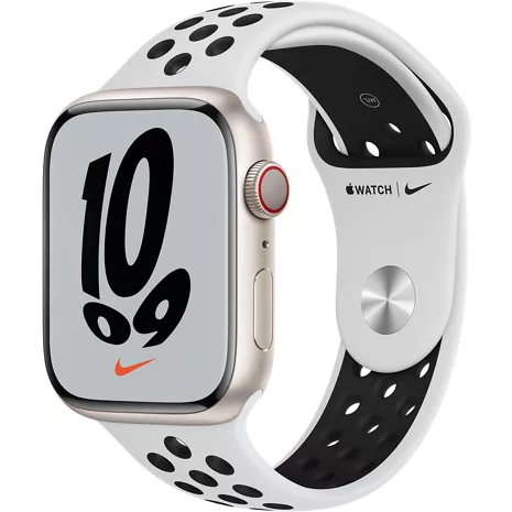 Apple Watch Nike Series 7 GPS + Cellular, con caja de aluminio blanco estelar de 45 mm y correa deportiva Nike color platino puro/negro