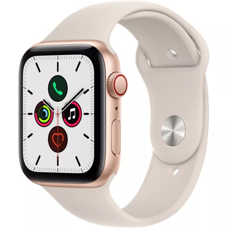 Apple Watch SE, con caja de aluminio color oro de 44 mm y correa deportiva blanco estrella