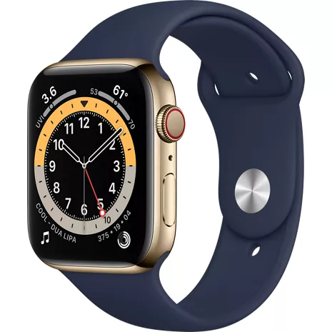 Apple Watch Series 6 GPS + Cellular, con caja de acero inoxidable color oro de 44 mm y correa deportiva en azul noche Color oro (acero inoxidable), imagen 1 de 1