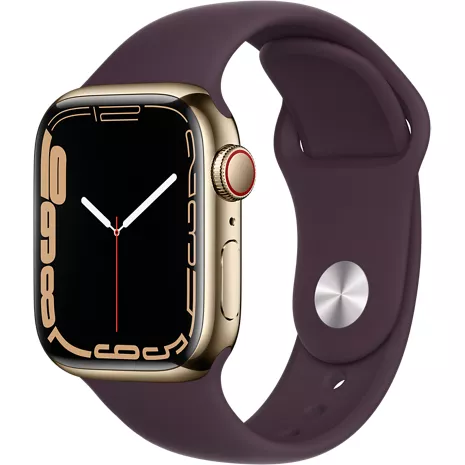 Apple Watch Series 7 GPS + Cellular, 41mm Gold Stainless Steel Case - Dark Cherry Sport Band - Regular Gold (Stainless Steel) image 1 of 1 