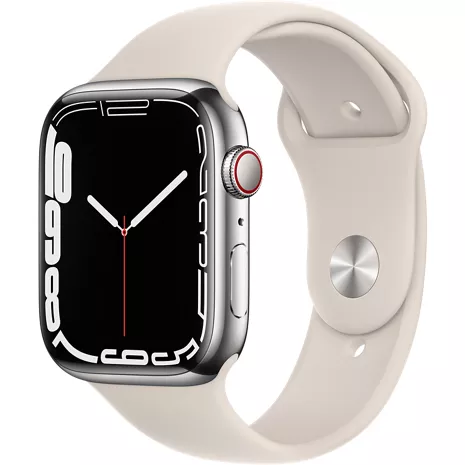 Apple Watch Series 7 GPS + Cellular, 45mm Silver Stainless Steel Case - Starlight Sport Band - Regular