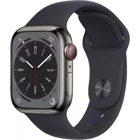Apple Watch Series 8, con caja de acero inoxidable color grafito de 41 mm y correa deportiva color medianoche - SM