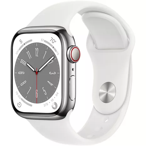 Apple Watch Series 8, con caja de acero inoxidable color plata de 41 mm y correa deportiva en blanco - ML