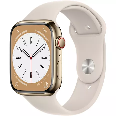 Apple Watch Series 8, con caja de acero inoxidable color oro de 45 mm y correa deportiva blanco estelar - ML Color oro (acero inoxidable), imagen 1 de 1