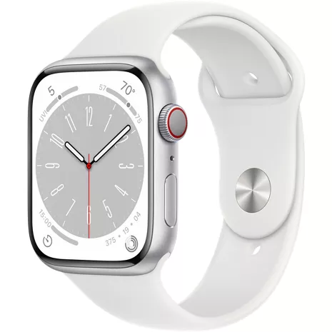 Apple Watch Series 8, con caja de aluminio color plata de 45 mm y correa deportiva en blanco - ML
