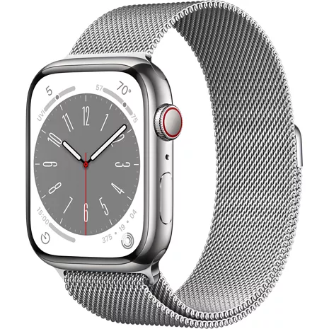 Apple Watch Series 8, con caja de acero inoxidable color plata de 45 mm y correa estilo Milanés color plata
