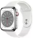 Apple Watch Series 8, con caja de acero inoxidable color plata de 45 mm y correa deportiva en blanco - ML