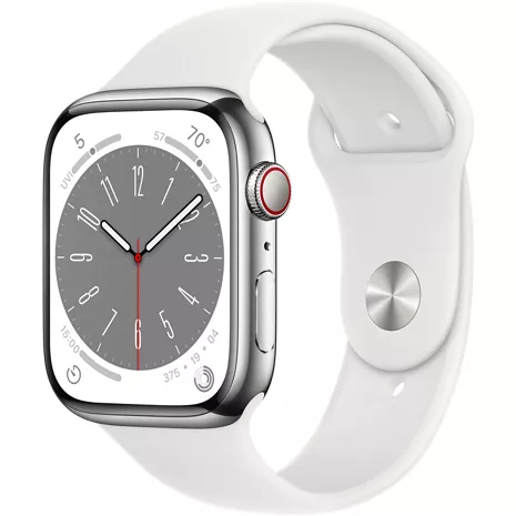 Apple Watch Series 8, con caja de acero inoxidable color plata de 45 mm y correa deportiva en blanco - ML