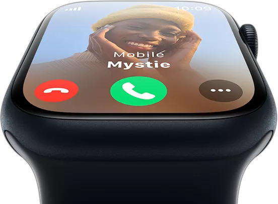 A front view of Apple Watch with an incoming phone call screen.