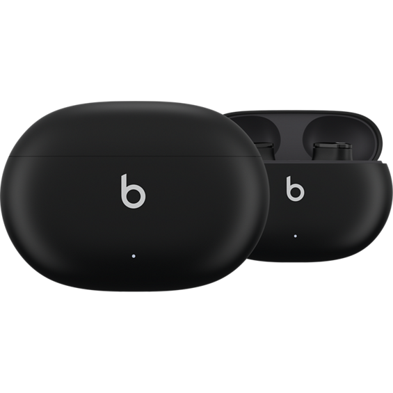 Product view of the Beats Studio Buds True Wireless Noise Cancelling Earbuds in Black in their case.