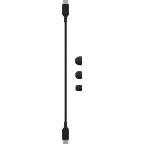 Cable and earpiece product view of the Beats Studio Buds True Wireless Noise Cancelling Earbuds in Black.