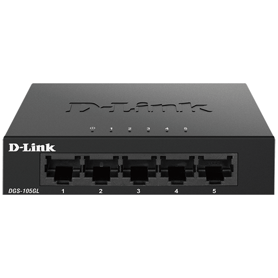 Front view of D-Link 5 Port Ethernet Gigabit Switch.