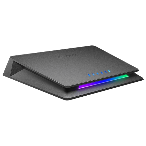 Right side angle view of D-Link 6-Port Multi-Gigabit Unmanaged Switch.