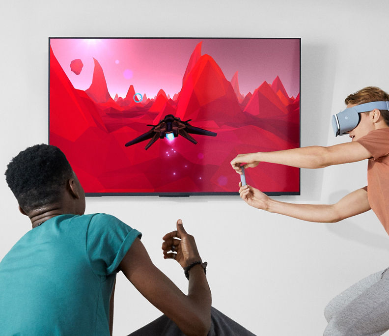 Google Daydream View gameplay projected on flat screen TV.