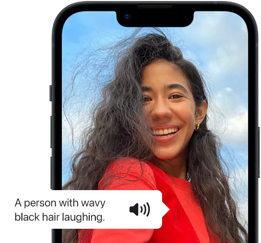 VoiceOver describing a photo of a person on iPhone.