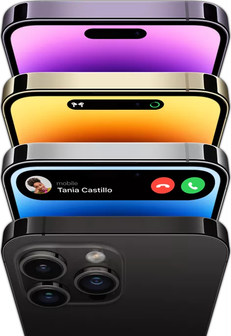 iPhone 14 Pro in four different colors — Space Black, Blue, Gold, and Deep Purple. One model shows the back of the phone and the other three show the front view of the display.