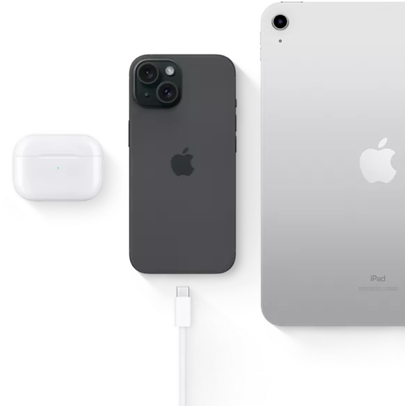 iPhone 15 with USB-C connector showing same connector can be used with AirPods Pro and iPad