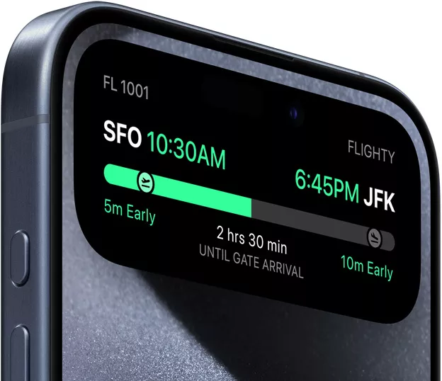 iPhone 15 Pro in Blue Titanium finish demonstrates active Dynamic Island for flight status.