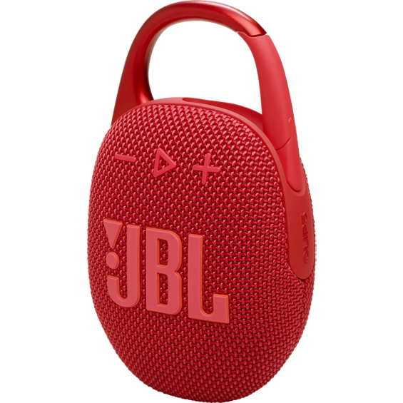 Front left angle view of red JBL Clip 5 Ultra-portable Waterproof Speaker.