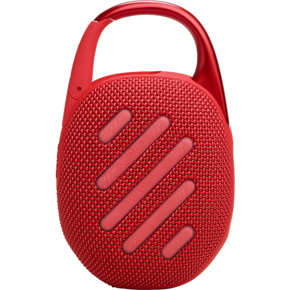Front right angle view of red JBL Clip 5 Ultra-portable Waterproof Speaker.