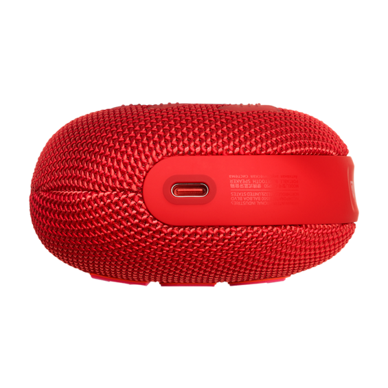 Bottom view of red JBL Clip 5 Ultra-portable Waterproof Speaker.