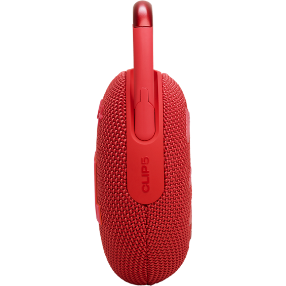 Left side view of red JBL Clip 5 Ultra-portable Waterproof Speaker.