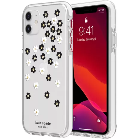 kate spade new york Defensive Hardshell Case for iPhone 11 - Scattered Flowers Black/White/Gold Gems/Clear