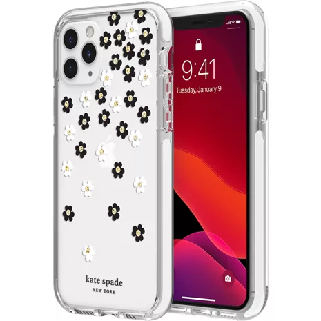 kate spade new york Defensive Hardshell Case for iPhone 11 Pro - Scattered Flowers Black/White/Gold Gems/Clear
