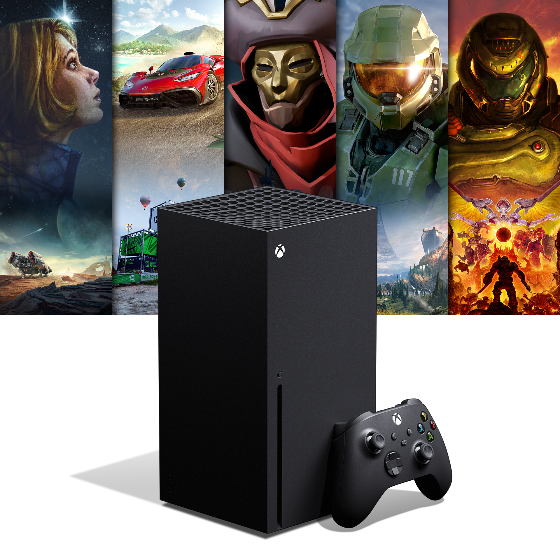 Front angle lifestyle photo of Xbox Series X Console and Controller with games