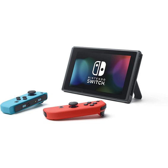 Front view of Nintendo Switch - Neon Blue and Neon Red Joy-Con with opened Nintendo Dock.