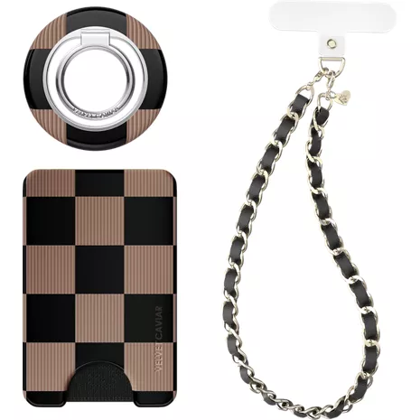 Velvet Caviar Phone Accessory Gift Set with MagSafe Wallet, Grip Stand and Wristlet - Mocha Vibe Checker