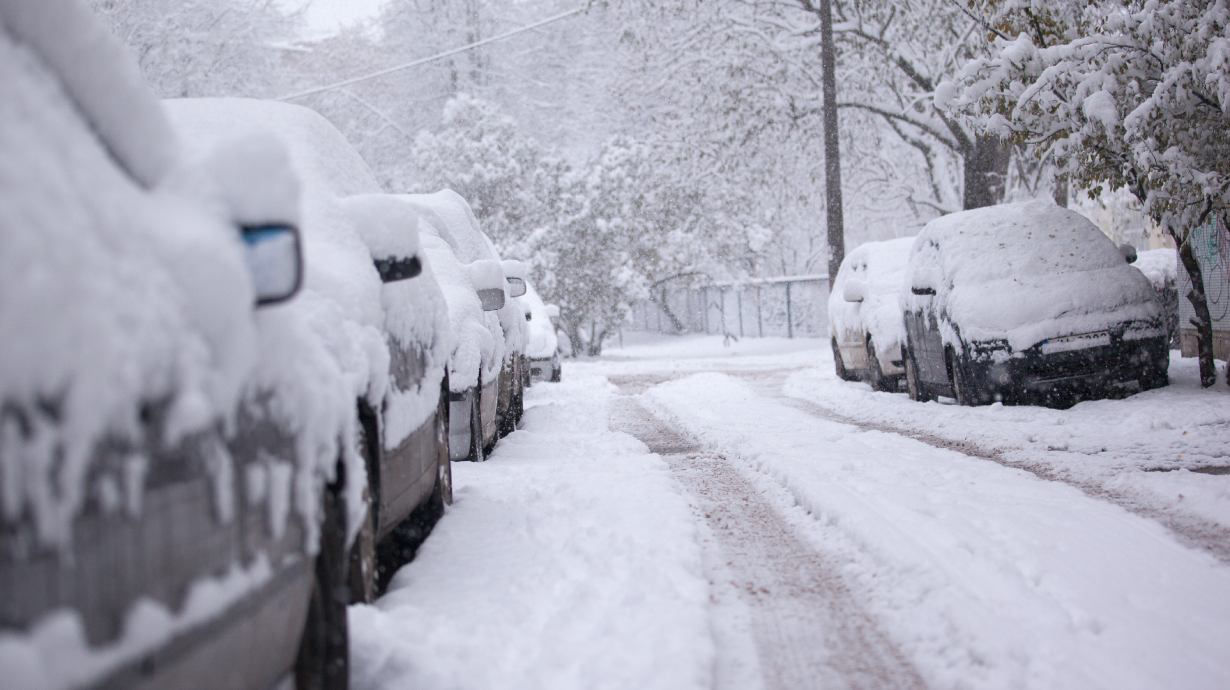 winter storm with many cars