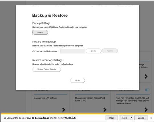 5G Home system settings Backup & Restore page
