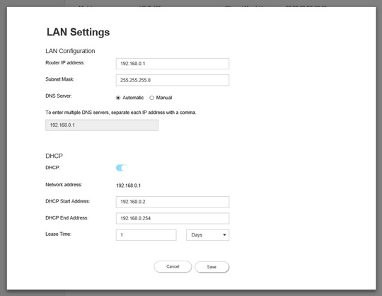 Router LAN and Firewall screen
