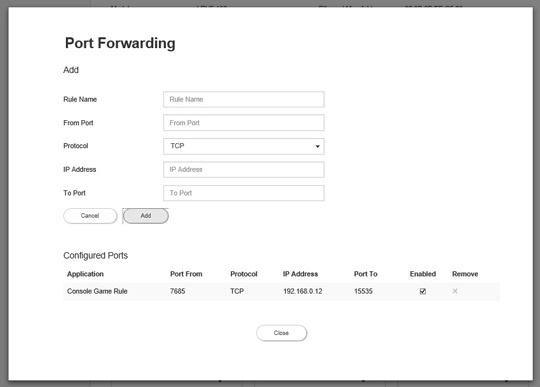 Router Port Forwarding screen