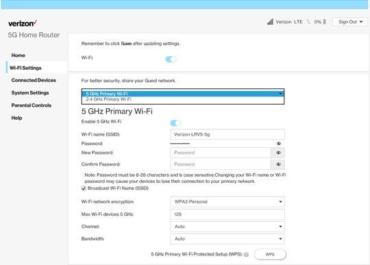 5G Home Wi-Fi settings primary network selection