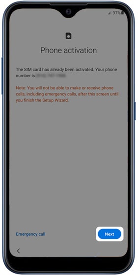 Phone activation screen with next highlighted