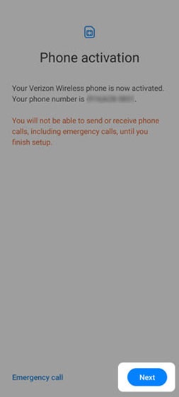 Phone activation screen with next highlighted