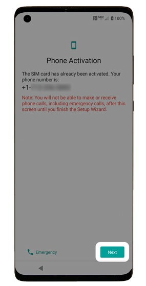 Phone Activation screen with emphasis on Next button