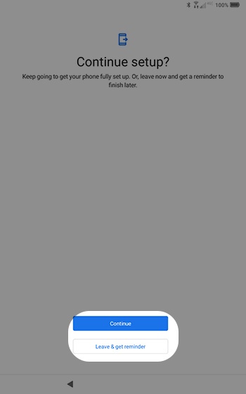 Continue setup screen