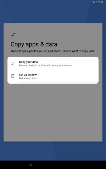 Copy apps & data screen